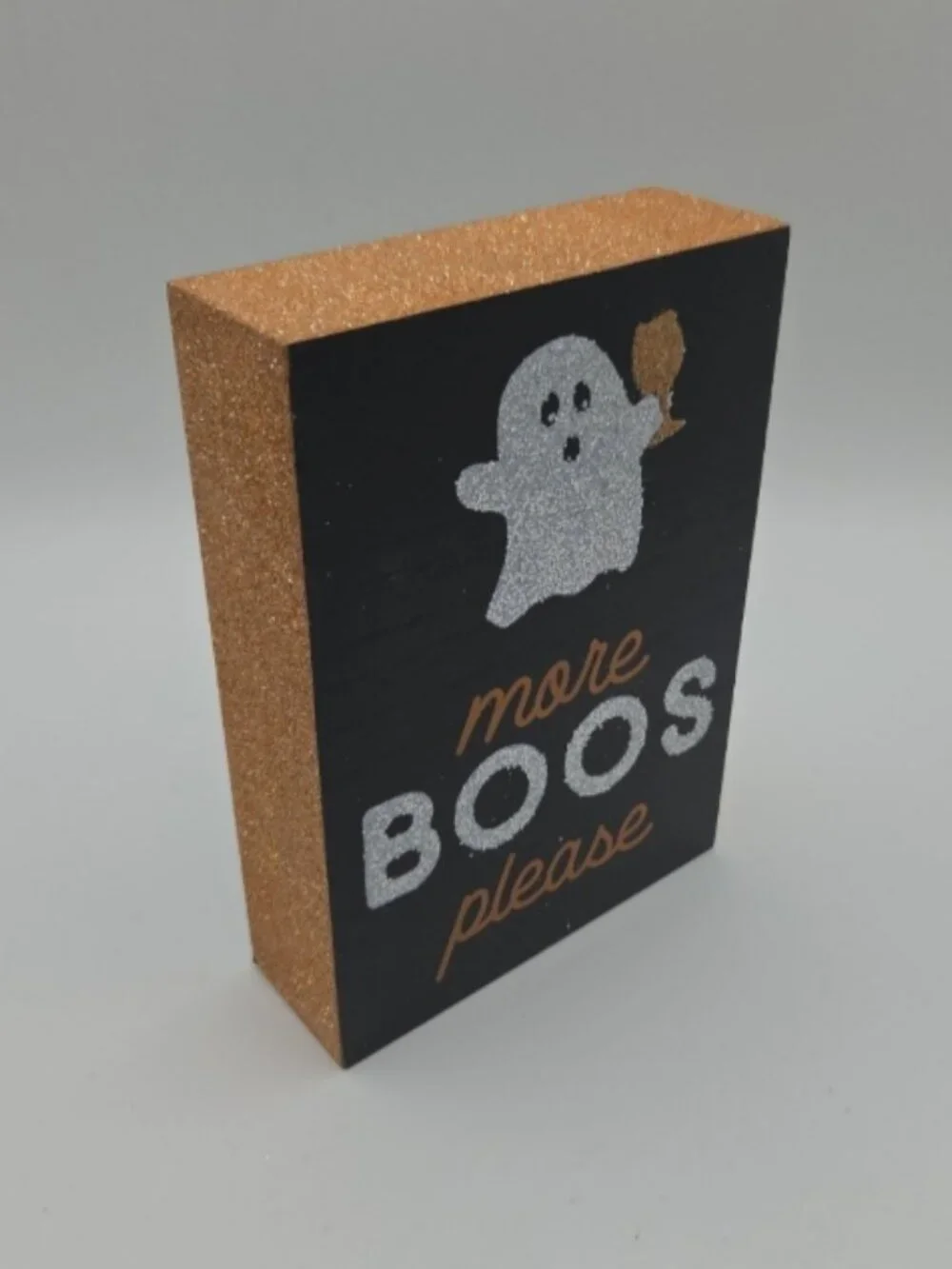 Halloween More Boos Please Wood Block Sign Ghost Glitter Shelf Decor
